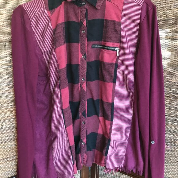 Upcycled Patchwork Flannel Shirt, Size M: Mixed Print Button-Down Magenta Blouse - Picture 7 of 11